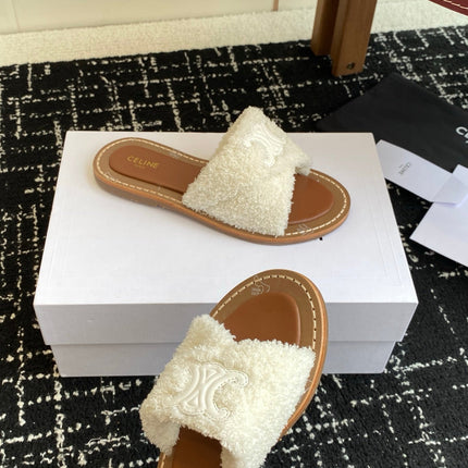 CELINE 26S TRIOMPHE FLAT SLIDES IN WHITE WOOL