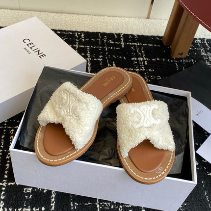 CELINE 26S TRIOMPHE FLAT SLIDES IN WHITE WOOL