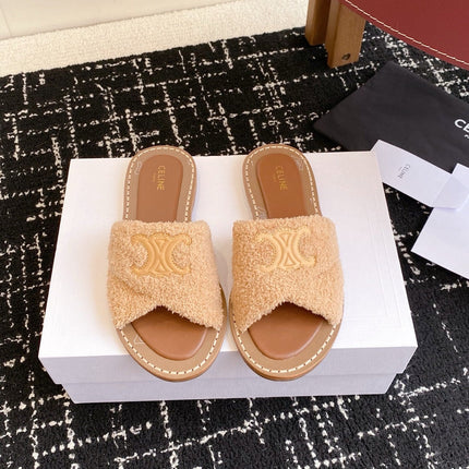 CELINE 26S TRIOMPHE FLAT SLIDES IN PEACH BEIGE WOOL