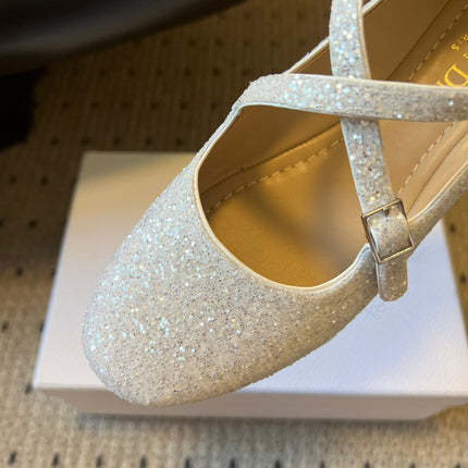 DIOR 26S BALLET FLAT IN WHITE LAMINATED LAMBSKIN AND GLITTER