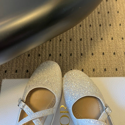 DIOR 26S BALLET FLAT IN WHITE LAMINATED LAMBSKIN AND GLITTER