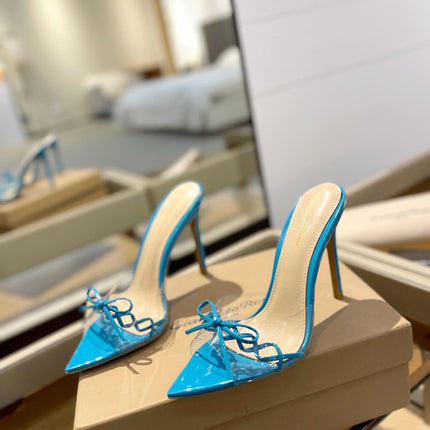 GIANVITO ROSSI 26S HEELED SANDALS 105 MM IN AZURE BLUE PATENT CALFSKIN WITH BOW