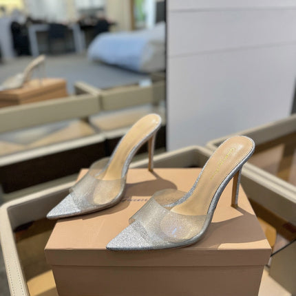 GIANVITO ROSSI 26S POINTED-TOE HIGH-HEEL SANDALS 105 MM IN SILVER GLITTER FABRIC