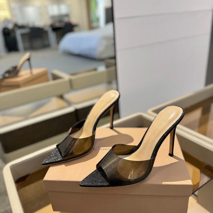 GIANVITO ROSSI 26S POINTED-TOE HIGH-HEEL SANDALS 105 MM IN BLACK GLITTER FABRIC