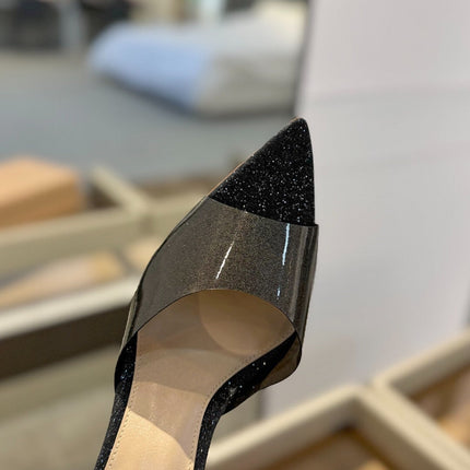 GIANVITO ROSSI 26S POINTED-TOE HIGH-HEEL SANDALS 105 MM IN BLACK GLITTER FABRIC