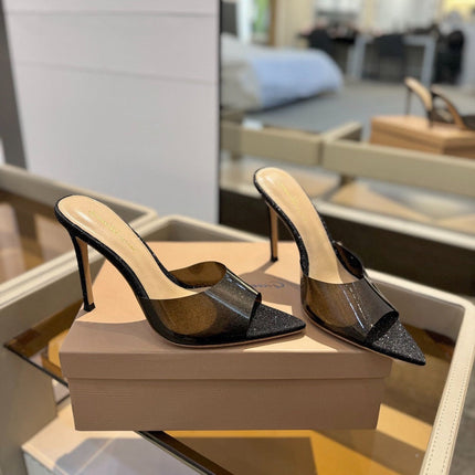 GIANVITO ROSSI 26S POINTED-TOE HIGH-HEEL SANDALS 105 MM IN BLACK GLITTER FABRIC