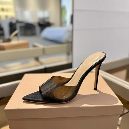 GIANVITO ROSSI 26S POINTED-TOE HIGH-HEEL SANDALS 105 MM IN BLACK GLITTER FABRIC