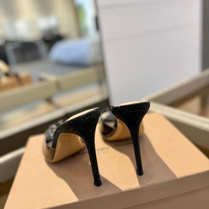GIANVITO ROSSI 26S POINTED-TOE HIGH-HEEL SANDALS 105 MM IN BLACK GLITTER FABRIC