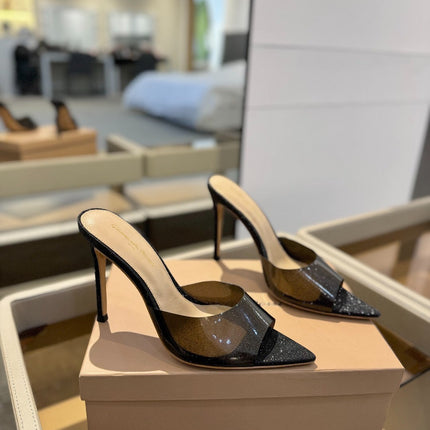 GIANVITO ROSSI 26S POINTED-TOE HIGH-HEEL SANDALS 105 MM IN BLACK GLITTER FABRIC