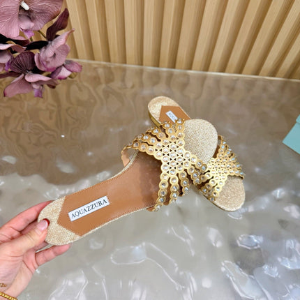 AQUAZZURA 26S SLIDES IN BEIGE LUREX FABRIC