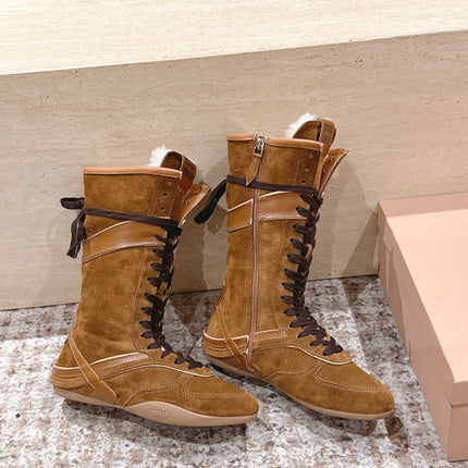 MIUMIU 25S ANKLE BOOTS IN CARAMEL BROWN SUEDE WITH SHEARLING