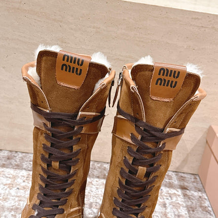 MIUMIU 25S ANKLE BOOTS IN CARAMEL BROWN SUEDE WITH SHEARLING