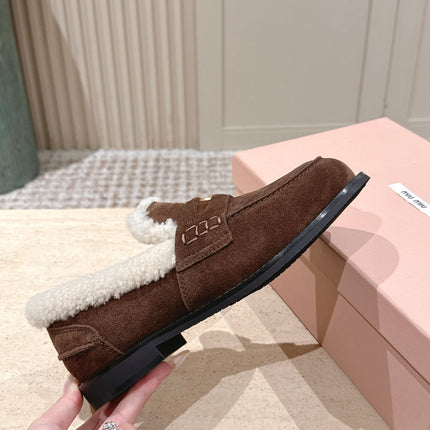 MIUMIU 25S PENNY LOAFERS 20MM IN DARK BROWN SUEDE WITH SHEARLING