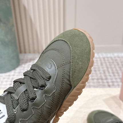 MIUMIU 25S SNEAKERS IN LODEN GREEN TYRE TECHNICAL FABRIC AND SUEDE SHEARLING