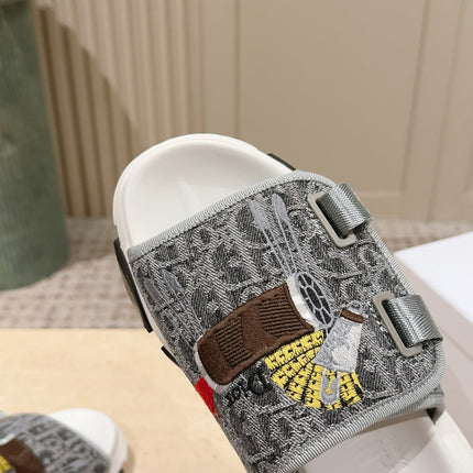 DIOR 26S DOUBLE STRAP SLIDE SANDALS IN GREY MONOGRAM CANVAS