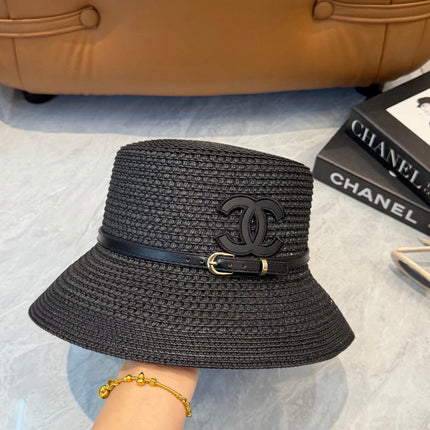 CHANEL 26S FLAT-BRIM STRAW HAT WITH RAISED CC LOGO 338106