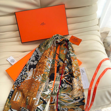 HERMES 26S SCARF 140 IN SILK AND CASHMERE 498307
