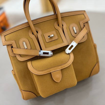 HM 25S BIRKIN CARGO 25 CM IN CARAMEL BROWN CANVAS AND SWIFT WITH SILVER HARDWARE
