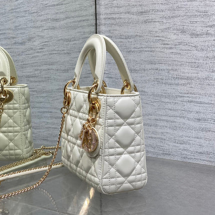 DIOR 25S MINI LADY DIOR BAG 17 IN IVORY CALFSKIN CHARM CRYSTAL EMBELLISHMENTS