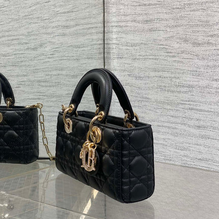 DIOR 25S SMALL LADY D‑JOY BAG 22 IN BLACK CALFSKIN GOLD HARDWARE
