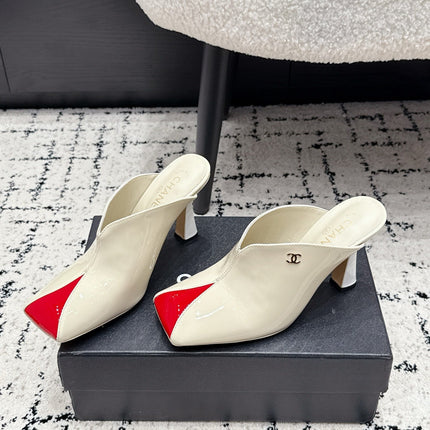 CHANEL 26S SQUARE-TOE HEELED MULES 95 MM IN CREAM WHITE MIX RED PATENT LAMBSKIN