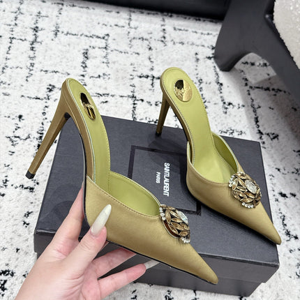 YSL 26S HEELED MULES 105 MM IN OLIVE GREEN SATIN