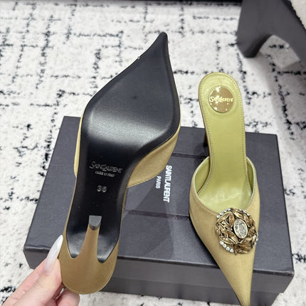 YSL 26S HEELED MULES 105 MM IN OLIVE GREEN SATIN