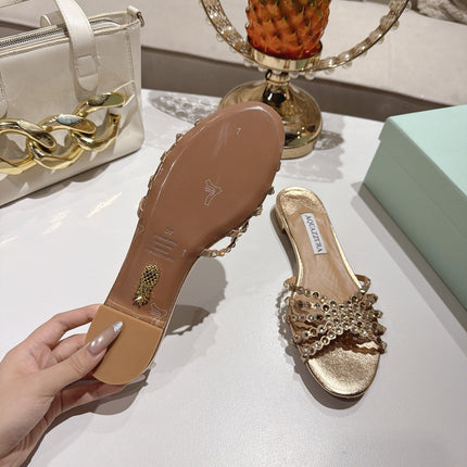 AQUAZZURA 26S SLIDES IN LIGHT GOLD LAMBSKIN CRYSTAL EMBELLISHED