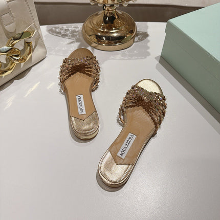 AQUAZZURA 26S SLIDES IN LIGHT GOLD LAMBSKIN CRYSTAL EMBELLISHED