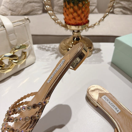 AQUAZZURA 26S SLIDES IN LIGHT GOLD LAMBSKIN CRYSTAL EMBELLISHED