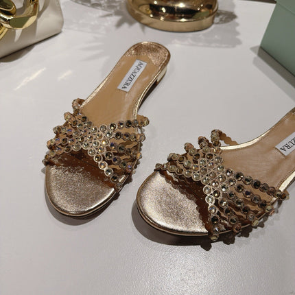 AQUAZZURA 26S SLIDES IN LIGHT GOLD LAMBSKIN CRYSTAL EMBELLISHED