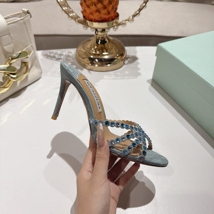 AQUAZZURA 26S HIGH-HEEL SANDALS 85 MM IN DUSTY BLUE SUEDE