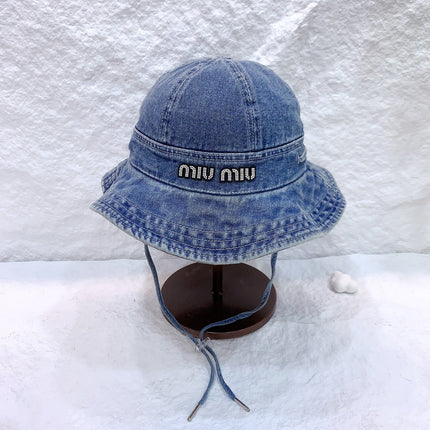 MIUMIU NEW DENIM BUCKET HAT RHINESTONE LOGO