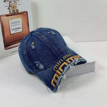 MIUMIU DISTRESSED EMBROIDERED BASEBALL CAP DENIM