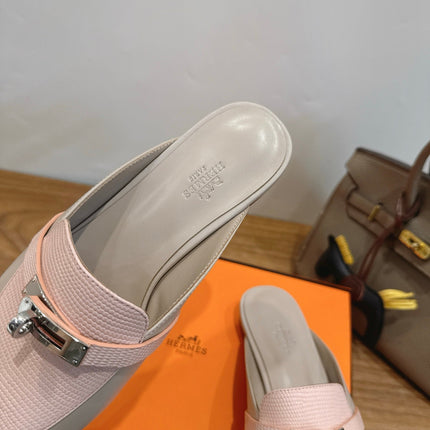 HM 26S OZ MULE IN BEIGE CALFSKIN & LIGHT PINK LIZARD SILVER HARDWARE
