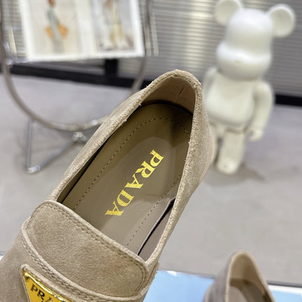 PRADA 25S THICK-SOLE LOAFERS 60 MM IN BEIGE SUEDE WITH GOLD HARDWARE