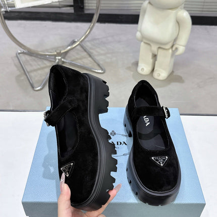 PRADA 25S PLATFORM MARY JANE SHOES IN BLACK SUEDE STYLE 2