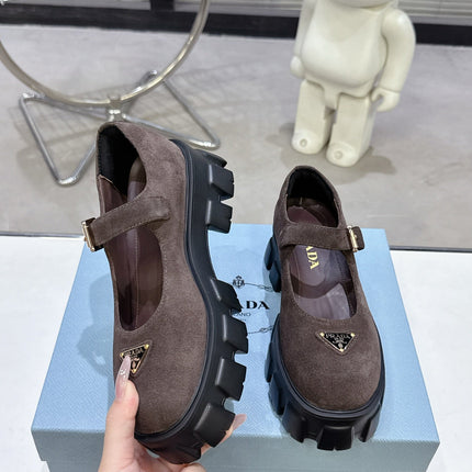 PRADA 25S PLATFORM MARY JANE SHOES IN DARK BROWN SUEDE