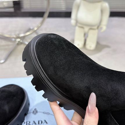 PRADA 25S RETRO PLATFORM MARTIN ANKLE BOOTS IN BLACK SUEDE