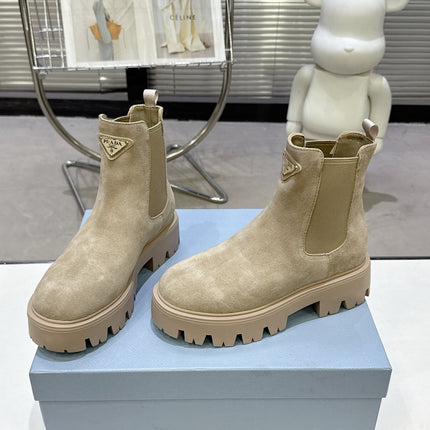 PRADA 25S RETRO PLATFORM MARTIN ANKLE BOOTS IN BEIGE SUEDE