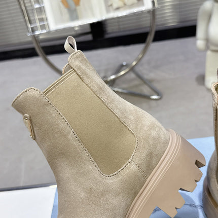 PRADA 25S RETRO PLATFORM MARTIN ANKLE BOOTS IN BEIGE SUEDE