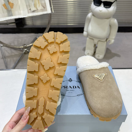 PRADA 25S FUR-LINED SABOT MULES IN BEIGE SUEDE