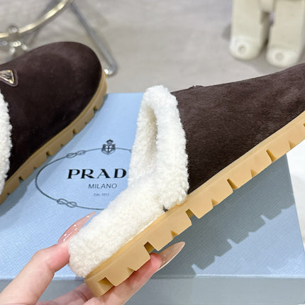 PRADA 25S FUR-LINED MULES IN DARK BROWN SUEDE