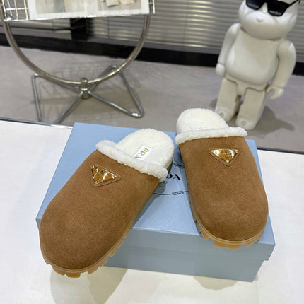 PRADA 25S FUR-LINED MULES IN BROWN SUEDE