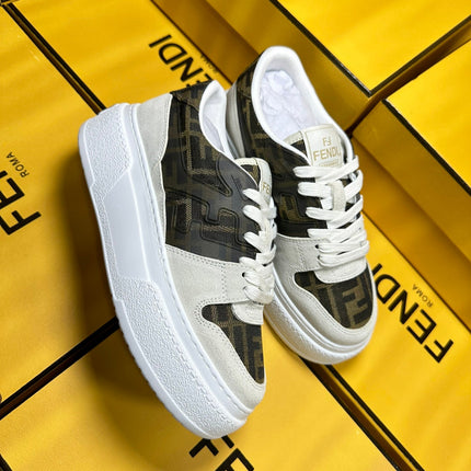 FENDI THICK-SOLDED SNEAKER IN WHITE SUEDE AND BROWN MONOGRAM FABRIC