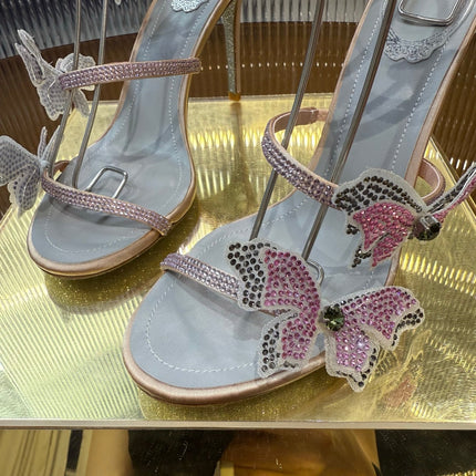 RENE CAOVILLA 26S FLORIANE HIGH HEELS 95 MM IN NUDE PINK LAMBSKIN BUTTERFLY EMBELLISHED STRAP