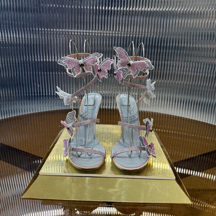 RENE CAOVILLA 26S FLORIANE HIGH HEELS 95 MM IN NUDE PINK LAMBSKIN BUTTERFLY EMBELLISHED STRAP