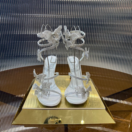 RENE CAOVILLA 26S FLORIANE HIGH HEELS 95 MM IN WHITE LAMBSKIN BUTTERFLY EMBELLISHED STRAP