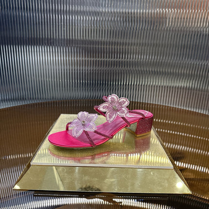 RENE CAOVILLA 26S FLOWER EMBELLISHED HEELS 45 MM IN PINK LAMBSKIN