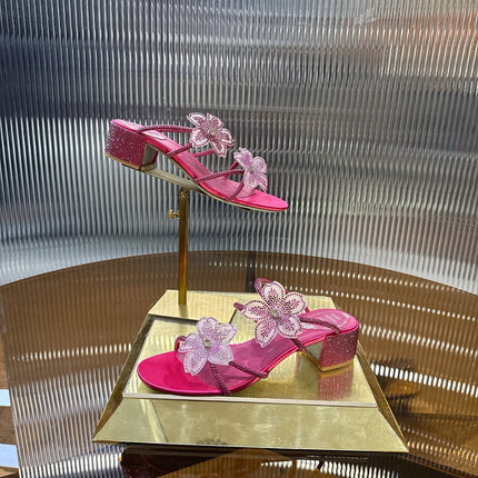 RENE CAOVILLA 26S FLOWER EMBELLISHED HEELS 45 MM IN PINK LAMBSKIN